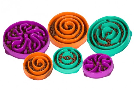 Outward Hound Fun Feeder in teal drop, orange coral and purple flower, large and small