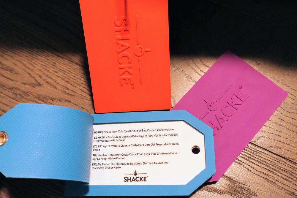 Shacke Luggage Tags in Orange, Blue and Purple